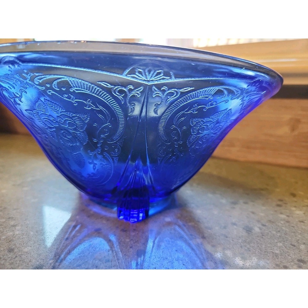 Hazel Atlas Cobalt Blue Royal Lace 10" Bowl Depression Glass, FOOTED, Vintage - Picture 4 of 9